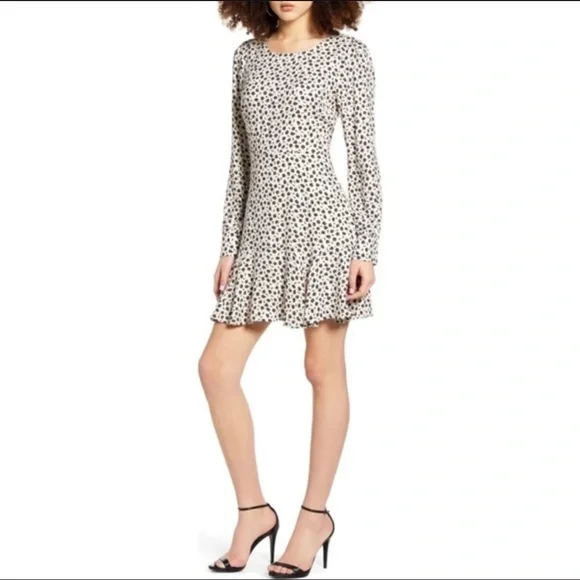 Row A Black and White Floral Long Sleeve Flounce Hem Dress, Size XL - Picture 2 of 8